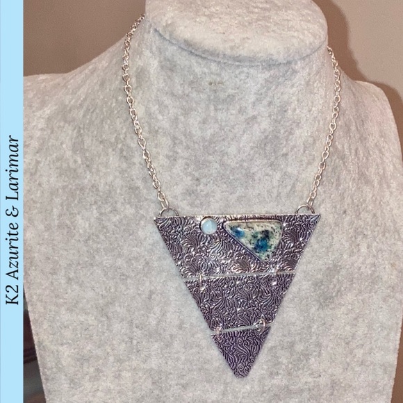 K2 Azurite & Larimar Gemstone Handmade BIB Statement Necklace - Picture 8 of 8